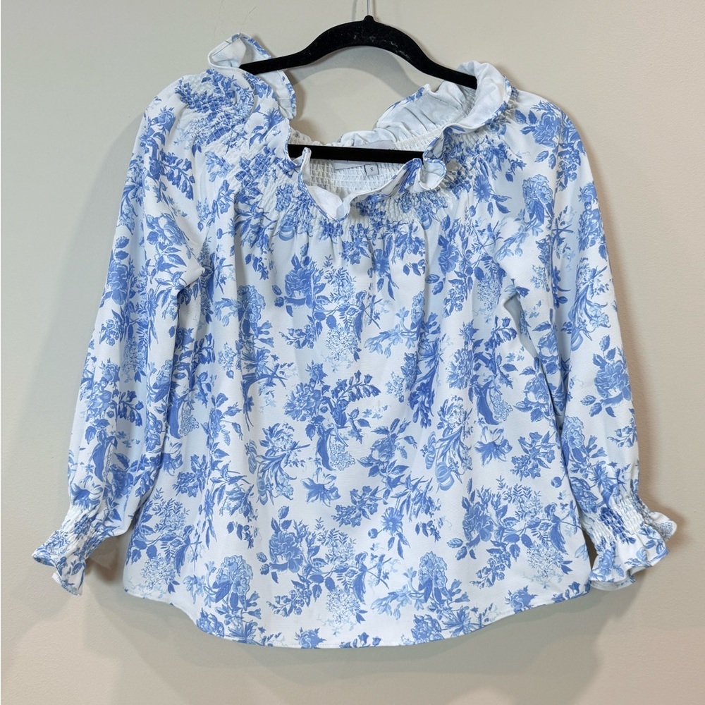 🔥TUCKERNUCK Blue Floral Peasant Blouse - Women's Top Size S NWOT 🔥